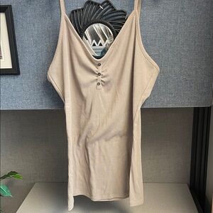 Ribbed V-Neck Button Tank top in Beige